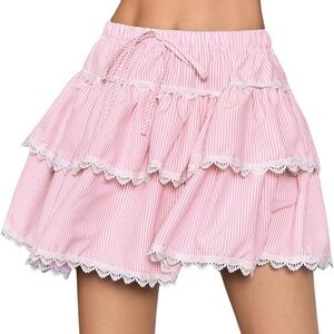 Coquette Pink Striped Tiered Ruffled Mini Skirt with Lace Trim